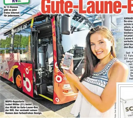  ??  ?? In 13 Bussen gibt es jetzt freies Internet für jedermann. MOPO-Reporterin Isabel Möller (21) testet das WLAN im Gute-Laune-Bus der RVE. Der verdankt seinen Namen dem farbenfroh­en Design.