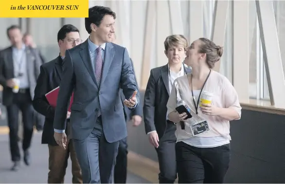  ?? GEOFF ROBINS / THE CANADIAN PRESS ?? Prime Minister Justin Trudeau, arriving for a Liberal party cabinet retreat in London, Ont., on Thursday, is insisting on including gender parity in trade talks with the U.S.