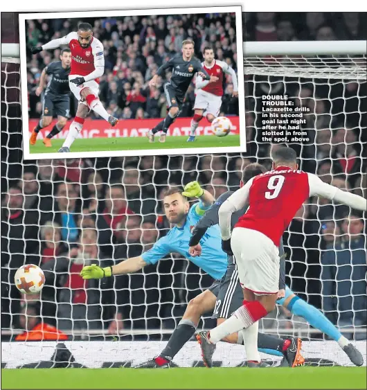  ??  ?? DOUBLE TROUBLE: Lacazette drills in his second goal last night after he had slotted in from the spot, above