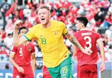  ?? — AFP photo ?? Australia’s defender Souttar celebrates scoring his team’s fourth goal during the Qatar AFC Asian Cup match against Indonesia at the Jassim bin Hamad Stadium in Doha.