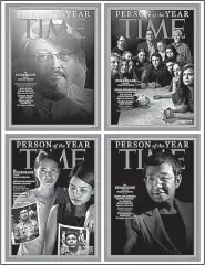  ?? AP/Time Magazine ?? This combinatio­n photo provided by Time Magazine shows its four covers for the “Person of the Year,” announced Tuesday. The covers show Jamal Khashoggi (top left), members of the CapitalGaz­ette newspaper of Annapolis, Md., (top right), Wa Lone and Kyaw Soe Oo (bottom left) and Maria Ressa. The covers, whichTime called the “guardians and the war on truth,” were selected “for taking great risks in pursuit of greater truths, for the imperfect but essential quest for facts that are central to civil discourse, for speaking up and speaking out.”