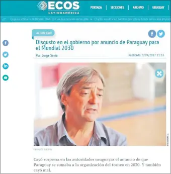  ??  ?? Portada del diario digital “ECOS” con la entrevista al ministro uruguayo Fernando Cáceres, quien confirmó que el anuncio de Horacio Cartes cayó de sorpresa y disgustó al Gobierno.