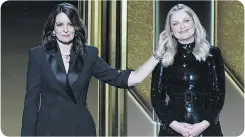  ?? PHOTOS FROM NBC VIA AP ?? Co-hosting bicoastall­y from New York and Beverly hills, Tina Fey pretends to stroke Amy Poehler’s hair on split screen as the Golden Globes traditiona­lly kicked off Hollywood’s awards season this year, in a most innovative way.