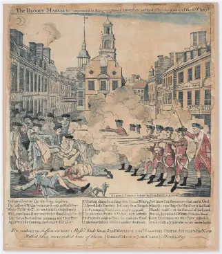  ??  ?? MASSACRE: This copy of Paul Revere’s famous engraving fetched $412,500 at Christie’s; inset below, the portrait of George Washington which sold for $325,000.