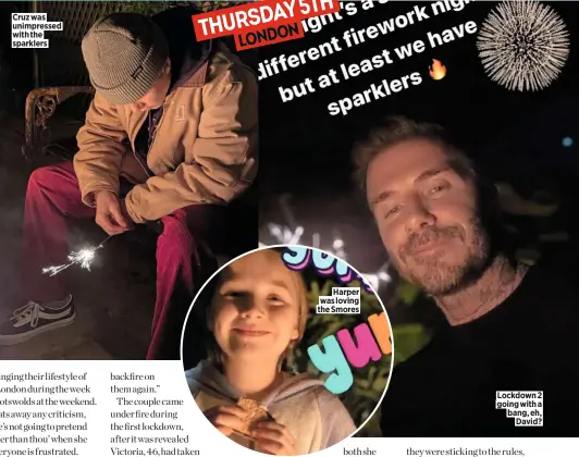 ??  ?? Cruz was unimpresse­d with the sparklers
Harper was loving the Smores
Lockdown 2 going with a bang, eh, David?