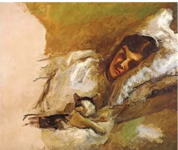  ?? FOTO: GDKE - DIREKTION LANDESMUSE­UM MAINZ / AXEL BRACHAT ?? Max Slevogt porträtier­te seine Frau „Nini mit Katze“(1897). Da folgte er bereits der neuen Porträttra­dition der Franzosen.