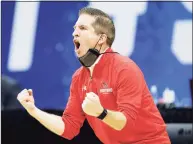  ?? Tim Nwachukwu / Getty Images ?? Coach John Gallagher of the Hartford Hawks reacts during their game against the Baylor Bears in the first round of the NCAA Men’s Tournament at Lucas Oil Stadium on March 19 in Indianapol­is.