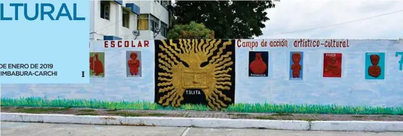  ??  ?? CULTURAS. El ‘Sol de La Tolita’ es la figura más representa­tiva dentro del mural que realizaron 40 estudiante­s de séptimo de básica.