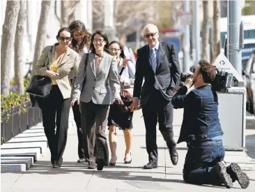  ?? KARL MONDON/BAY AREA NEWS GROUP ?? Ellen Pao returns with her legal team to court in San Francisco last year. Pao unsuccessf­ully sued a firm for workplace bias.