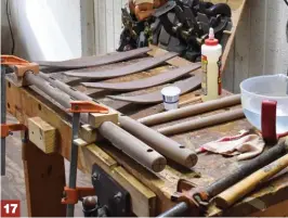  ??  ?? 17 To avoid disaster and stress, I always take time to lay out the tools and materials I’ll need for glue-up. (Back ladders are notoriousl­y difficult to assemble because there are so many tenons and mortises to glue and align.)