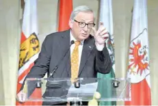  ?? — AFP ?? European Commission President Jean-claude Juncker gestures as he gives a speech during the ceremony ‘100 Years Republic Austria’ in Vienna, Austria.