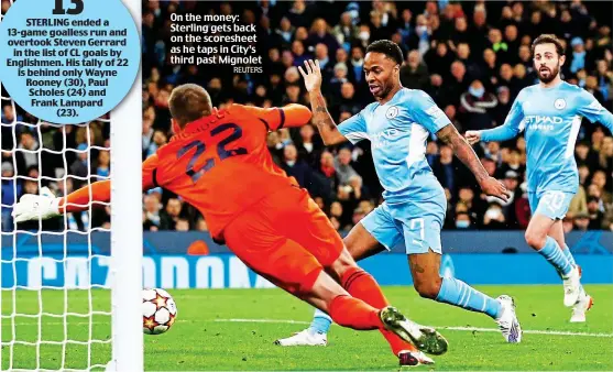  ?? REUTERS ?? On the money: Sterling gets back on the scoresheet as he taps in City’s third past Mignolet