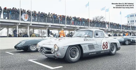  ??  ?? Mercedes-Benz SL 300 ‘Gullwing’ numbered 68 at the start of the Salvadori Cup racing event.