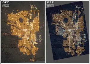  ?? The Associated Press ?? POLLUTION: This photo combo of images provided by NASA's Earth Observator­y/Kyba, GFZ shows photograph­s of Calgary, Alberta, Canada, taken from the Internatio­nal Space Station on Dec. 23, 2010, left, where residentia­l areas are mainly lit by orange...