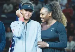  ?? Agence France-presse ?? ↑ Naomi Osaka (left) edged Serena Williams by $1.4 million in prize money and endorsemen­t income over the past year, becoming the highest paid female athlete.