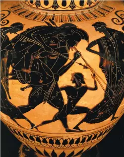  ??  ?? Aeneas carrying his father, Anchises, from the burning city of Troy; detail of a Greek amphora, circa 520 BC