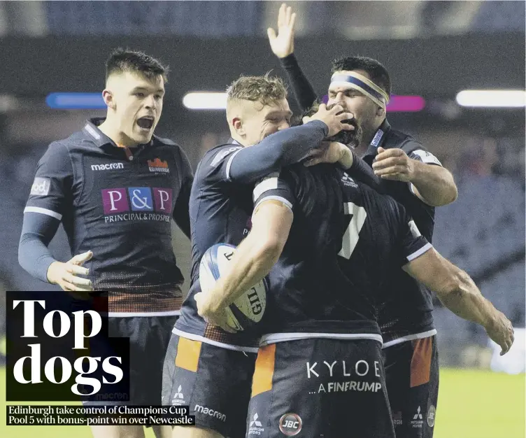  ??  ?? The Edinburgh players celebrate Hamish Watson’s opening try at BT Murrayfiel­d last night as they went on to record an impressive 31-13 victory over Newcastle Falcons. European Champions Cup, pages 2-3