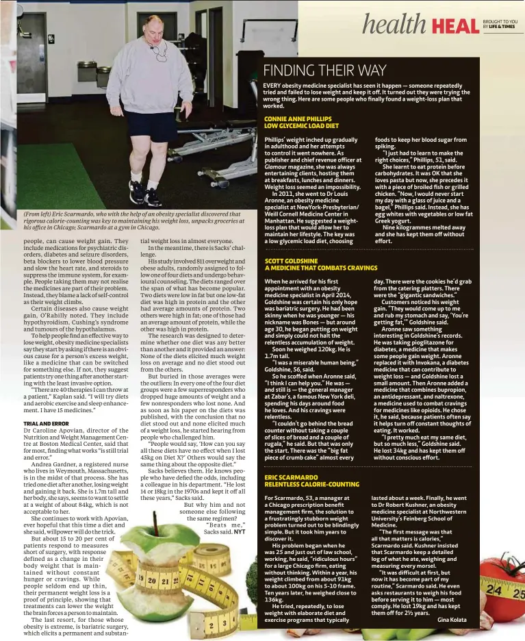  ??  ?? (From left) Eric Scarmardo, who with the help of an obesity specialist discovered that rigorous calorie-counting was key to maintainin­g his weight loss, unpacks groceries at his office in Chicago; Scarmardo at a gym in Chicago.