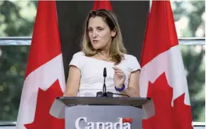  ?? — Reuters ?? Canadian Foreign Minister Chrystia Freeland takes part in a news conference at the Embassy of Canada in Washington.