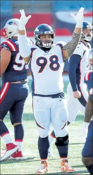  ?? Maddie Meyer / Getty Images ?? Broncos defensive tackle Mike Purcell is out for the season after suffering a foot injury Sunday against the Chiefs.