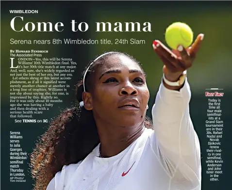  ?? AP Photo/ Tim Ireland ?? Serena Williams serves to Julia Goerges during their Wimbledon semifinal match Thursday in London.