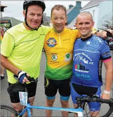  ??  ?? Eddie Walsh, Kanturk, Con O’Donovan, Boherbee and Joe Collins, Tullylease, Kanturk. Pictured in Sneem, during the Ring of Kerry Charity Cycle on Saturday. Photo: John Cleary