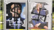  ?? DAMIEN MEYER/AGENCE FRANCE-PRESSE PHOTOS ?? An election campaign poster for the En Marche! movement candidate Emmanuel Macron (left) is spray painted with a dollar sign and a poster for far-right Front National Marine Le Pen is spray painted with a swastika.