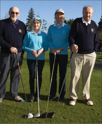  ??  ?? Mick Malone (President), Marguerite Sutton (Captain), Mary Shannon (President) and Bill Hurley (Captain) at the New Ross Golf Club drive-in for 2019 on Sunday.