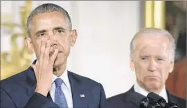  ?? Olivier Douliery
Abaca Press ?? PRESIDENT OBAMA weeps as he announces a plan to expand and improve background checks on gun buyers. Behind him is Vice President Joe Biden.