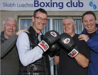  ??  ?? At the final weigh-in for the Brawl-in-the-Hall at the Sliabh Luachra Boxing Club on Friday night were from left: David ‘Dauber’ Prendivill­e, Jerome ‘Fagin’ Hartnett, Edward ‘Fonz’ Hartnett and Nick Kerins.