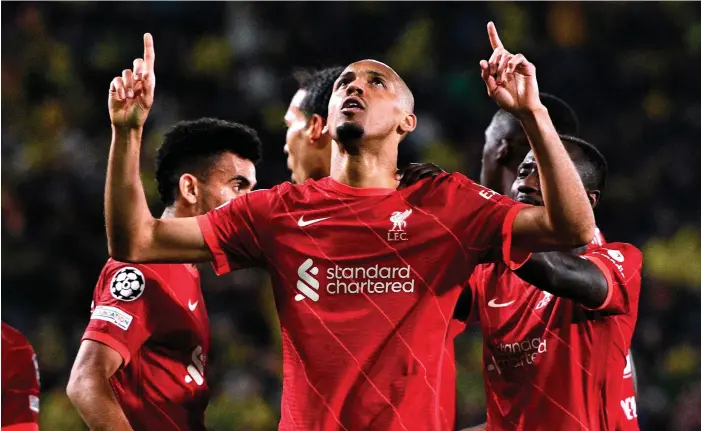  ?? Reuters ?? Liverpool’s Fabinho celebrates after scoring his side’s first goal against Villarreal as Jurgen Klopp’s men rallied from 2-0 down to book their place in the Champions League final