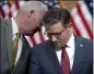  ?? THE ASSOCIATED PRESS ?? House Speaker Mike Johnson, R-La., right, confers with Majority Whip Tom Emmer, R-Minn.,at the Capitol earlier this month.