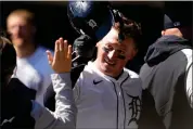  ?? PAUL SANCYA — THE ASSOCIATED PRESS ?? Detroit Tigers’ Spencer Torkelson celebrates scoring against the Minnesota Twins in the sixth inning during the first baseball game of a doublehead­er, April 13, in Detroit.