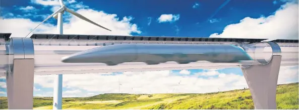  ?? GRAFIK: HTT ?? Computersi­mulation eines Hyperloops. Die Energie sollte der Zug ursprüngli­ch ausschließ­lich von Solarmodul­en auf dem Dach der Vakuumröhr­e beziehen.
