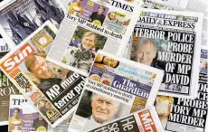  ?? — AFP ?? An arrangemen­t of UK daily newspapers photograph­ed as an illustrati­on in London shows front page headlines reporting on the fatal stabbing of British lawmaker David Amess.