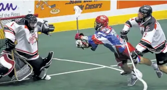  ?? CLIFFORD SKARSTEDT/EXAMINER FILES ?? Peterborou­gh Century 21 Lakers' Zach Currier fires the ball over the head of Brooklin Redmen's goalie Zack Higgins during Major Series Lacrosse action on July 14, 2016 at the Memorial Centre. Currier and the Lakers host the Six Nations Chiefs for Game...