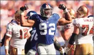  ?? NY Daily News via Getty Images ?? The Giants’ Michael Strahan celebrates after a sack in the second quarter against the San Francisco 49ers.