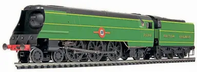  ??  ?? Carrying the same technical specificat­ion and price as the General Steam Navigation model, this limited-edition variant features No. 35016 Elders Fyffes in the lighter green, yellow striped Southern Railway livery with ‘British Railways’ on the tender sides. HORNBY