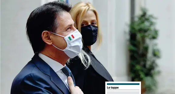  ??  ?? Il saluto
L’ex premier Giuseppe Conte, 56 anni, con la compagna Olivia Paladino, 40, sabato mentre lascia Palazzo Chigi
Le tappe