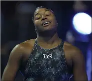  ?? CHARLIE NEIBERGALL - STAFF, AP ?? Simone Manuel reacts after the women’s 50freestyl­e during wave 2 of the U.S. Olympic Swim Trials on Sunday, June 20, 2021, in Omaha, Neb.