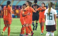  ?? TAO LIANG / XINHUA ?? The women’s national under-20 soccer team celebrate their 1-0 victory over Mexico in Duyun, Guizhou province, on Wednesday.