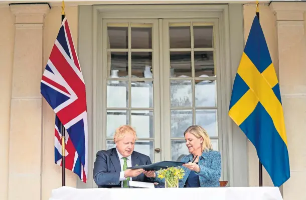  ?? ?? SUPPORT: Prime Minister Boris Johnson signed a bilateral security deal with Swedish Prime Minister Magdalena Andersson.