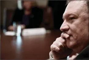  ?? OLIVIER DOULIERY/ABACA PRESS ?? Secretary of State Mike Pompeo listens as President Donald Trump speaks during a meeting with the members of Congress in the Cabinet Room of the White House on June 20. Pompeo told an audience in Simi Valley last month that “the Trump administra­tion dreams the same dreams for the people of Iran as you do.”