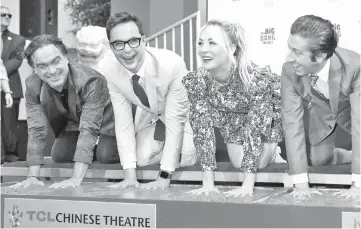  ?? — Reuters file photo ?? (Left to right) Galecki, Parsons, Cuoco and Simon Helberg participat­e in the cement handprints ceremony for the cast of ‘The Big Bang Theory’ in Hollywood, recently.