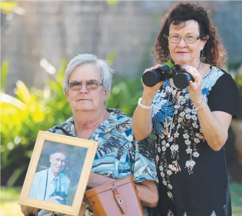  ??  ?? REMARKABLE CAREER: Les Lyle and Eleanor Lyle with some memorabili­a of Eleanor Lyle's father Dick Chant, who the Cairns Jockey Club will honour today with a memorial race named after him. Picture: JUSTIN BRIERTY