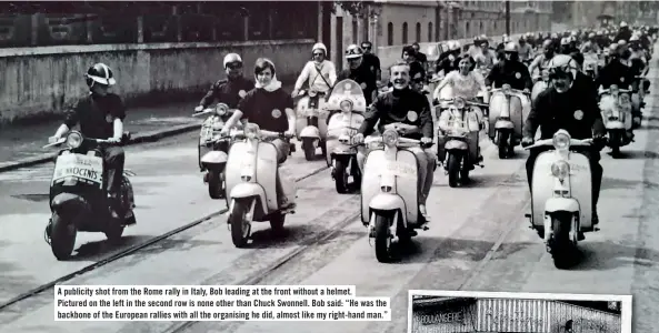  ??  ?? A publicity shot from the Rome rally in Italy, Bob leading at the front without a helmet. Pictured on the left in the second row is none other than Chuck Swonnell. Bob said: “He was the backbone of the European rallies with all the organising he did, almost like my right-hand man.”
Below: Lambretta Concession­aires offered a touring spares kit to help anyone travelling abroad i n the event of a breakdown.