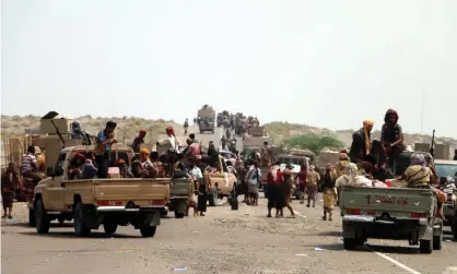  ??  ?? Yemeni government forces take position at an area in the western province of Hodeidah in late May. Photograph: Stringer/EPA