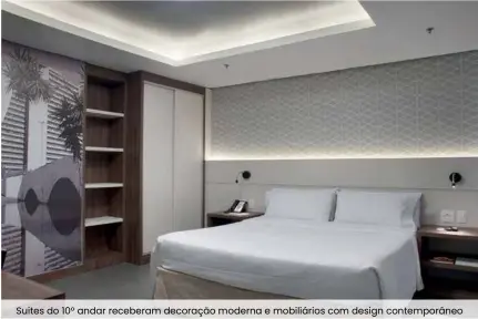  ??  ?? Suites do 10º andar receberam decoração moderna e mobiliário­s com design contemporâ­neo