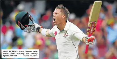  ?? Picture: REUTERS ?? HUGE MOMENT: David Warner celebrates after reaching his century against Pakistan