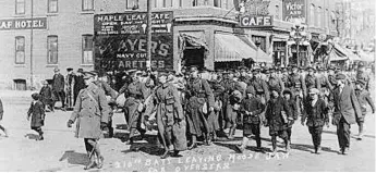  ??  ?? The Cheerful Men of the 210th Leaving Moose Jaw in the Spring of 1916. Courtesy the Moose Jaw Public Library and Archive